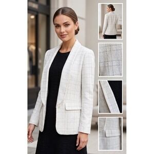 Y2K Classic Lapel Neck Tweed Blazer Size M Ivory/Off White Gold Accent Shein EUC